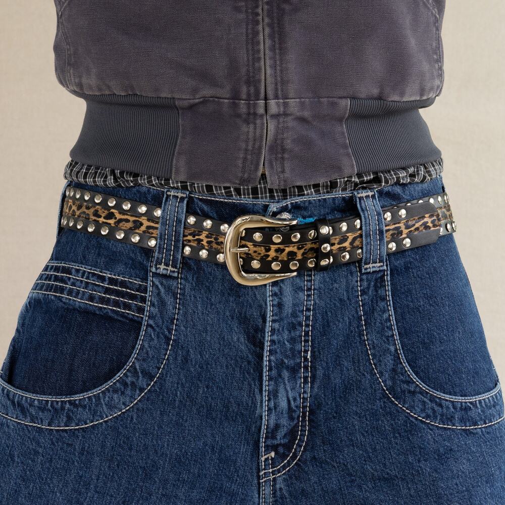Vintage Leopard Studded Leather Belt Silver Buckle Y2K Punk Grunge Unisex